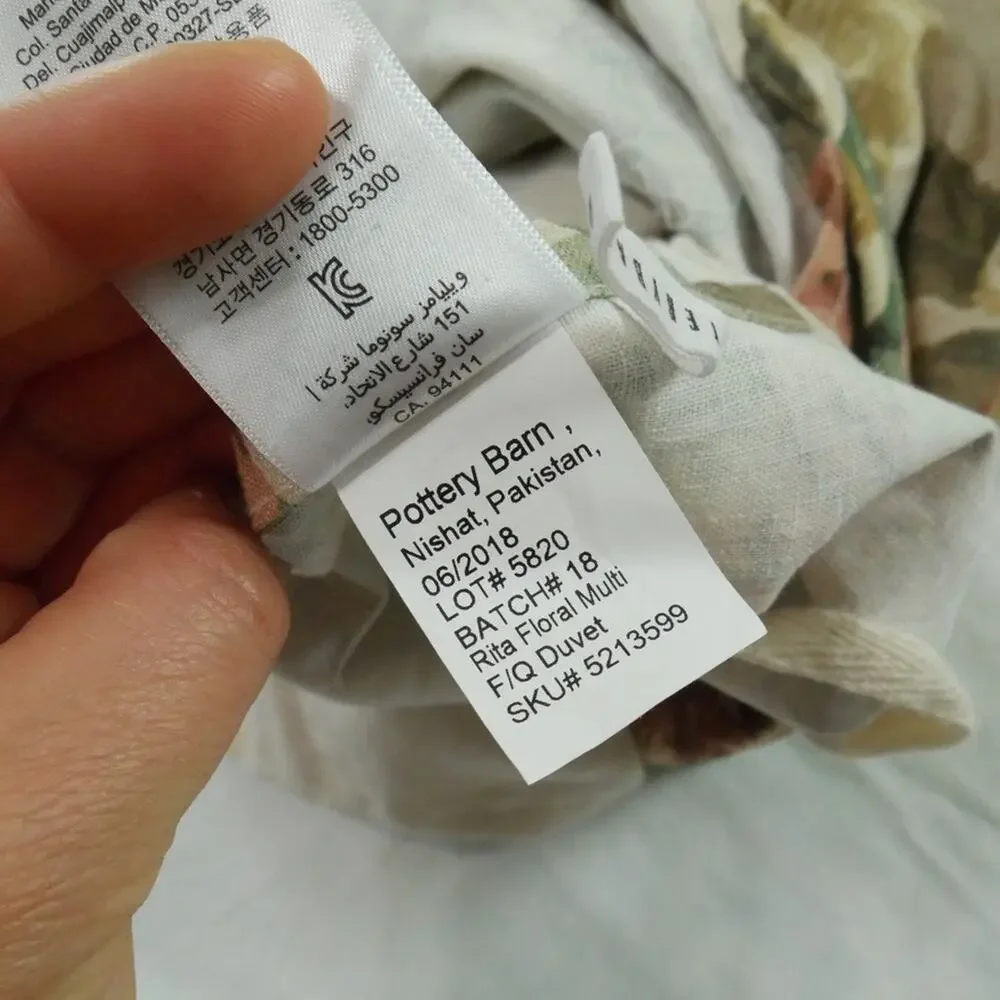 Pottery Barn Full Queen Rita Floral Duvet Cover Linen Blend Cabbage Rose Cottage